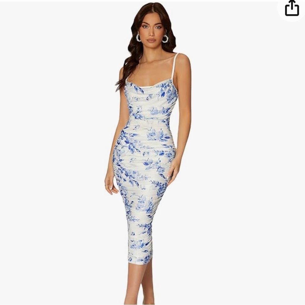 Floral Print Spaghetti Strap Draped Neck Bodycon Midi Dress